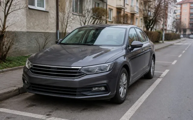 Autoturism parcat regulamentar într-un spațiu delimitat de marcaje albe