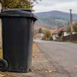 Pubelă de gunoi amplasată pe marginea drumului într-o localitate
