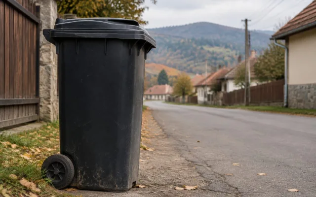Pubelă de gunoi amplasată pe marginea drumului într-o localitate